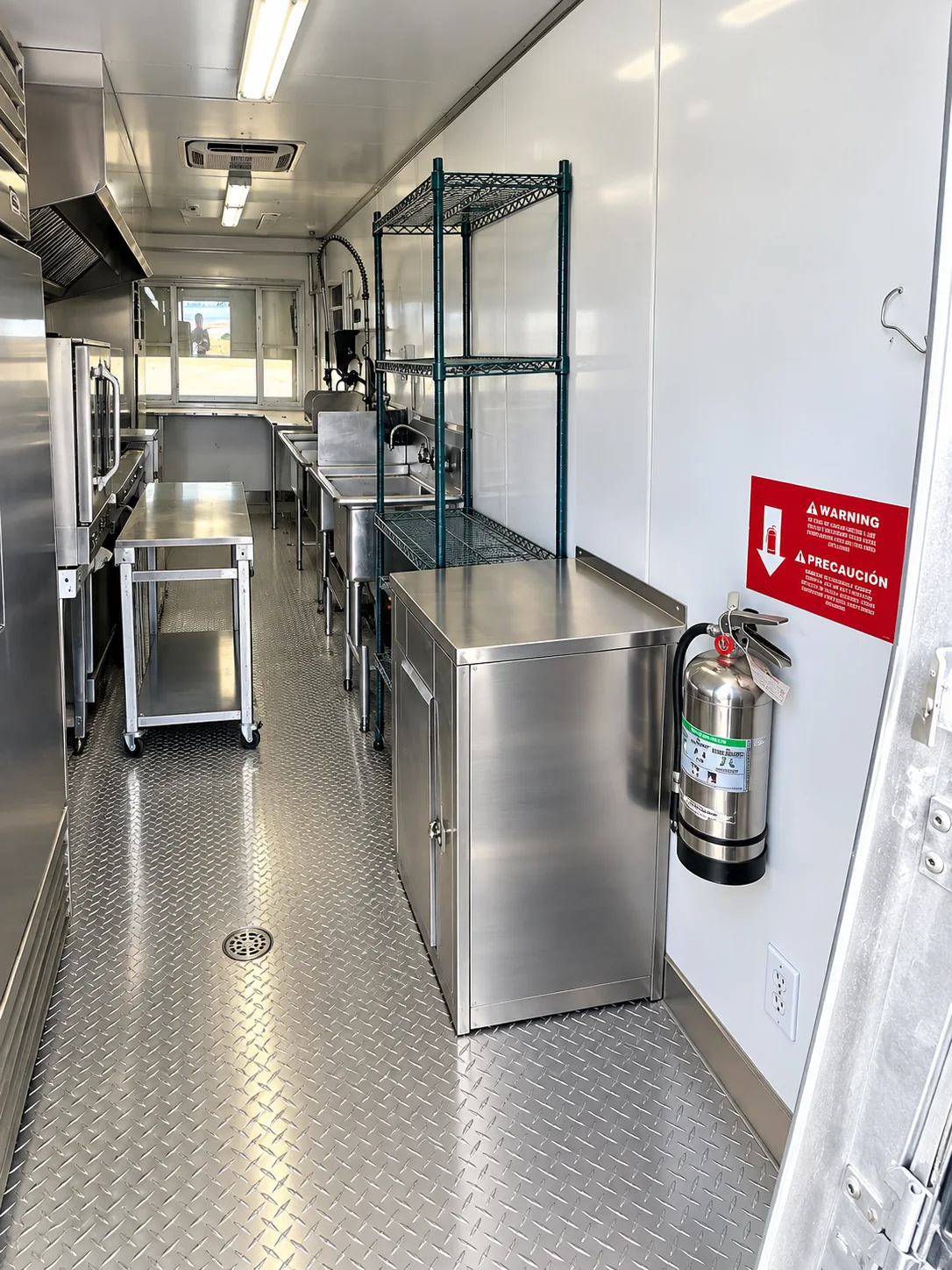 Mobile kitchen interior and central working aisle