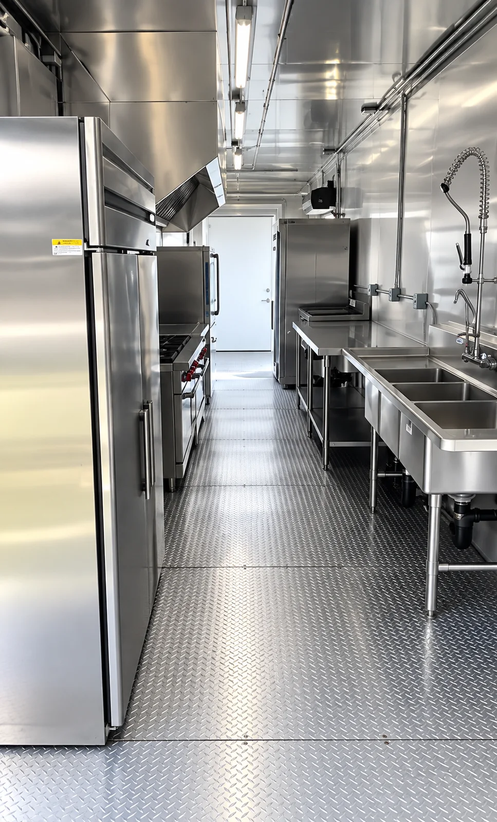 Kitchen working aisle with refrigeration, prep, and wash areas