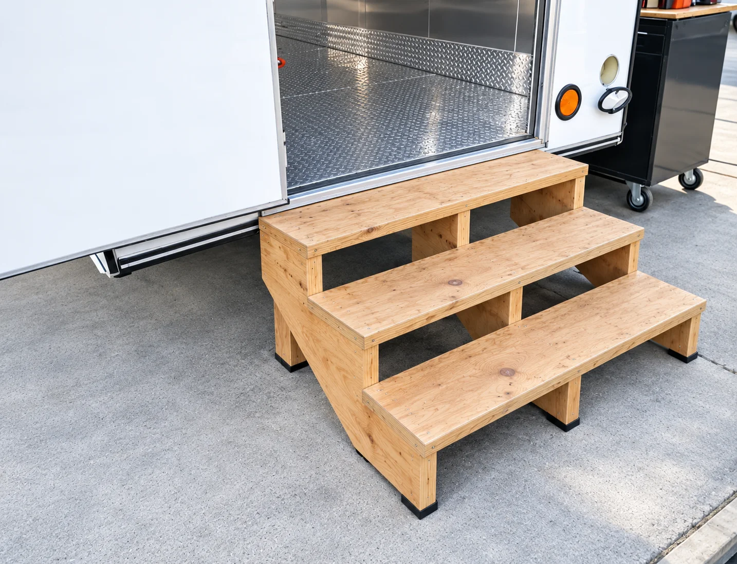 Wood entry steps at a temporary trailer doorway