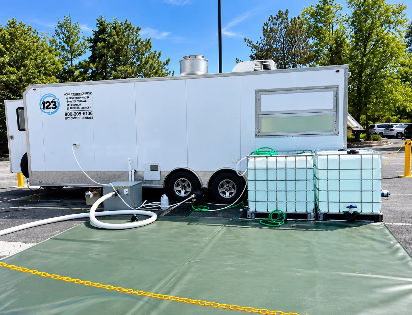 Portable water tanks and hoses beside a temporary trailer